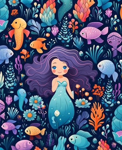 Kids background wallpaper, Mermaids & Seashells Pattern, cartoon style, thick lines, low detail, vivid color --ar 75:93