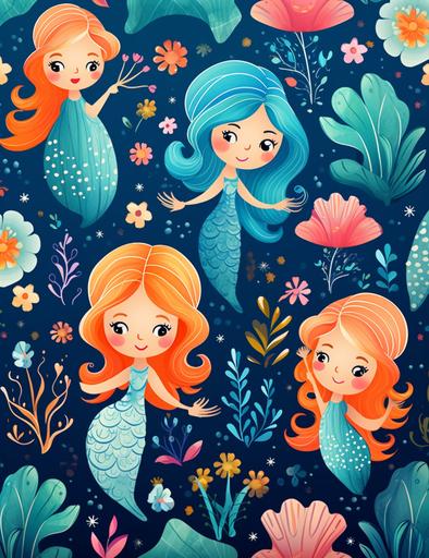 Kids background wallpaper, Mermaids & Seashells Pattern, cartoon style, thick lines, low detail, vivid color --ar 85:110