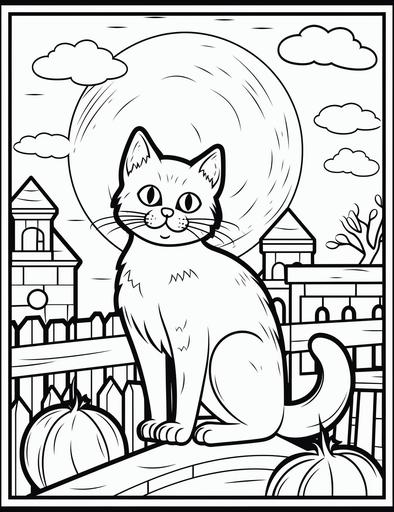 Kids coloring page of Halloween black cat silhouette in front of a full moon, depicted as an ultra-fine cartoon black outline only in a mysterious and spooky illustration style, reminiscent of vintage Halloween decorations. The black cat stands on a rooftop, its outline creating an eerie contrast against the glowing full moon and the dark night sky filled with stars. Color temperature: Cool. Facial expressions: Mysterious and watchful. Lighting: Moonlit night. Atmosphere: Spooky and enchanting. --ar 85:110
