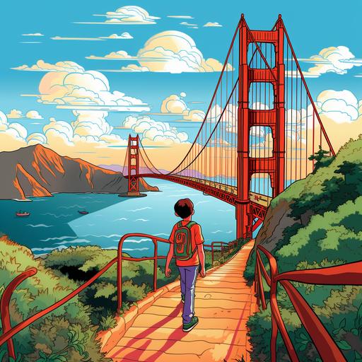 Kids illustration, Golden Gate Bridge, cartoon style, thick lines, low details, vivid color