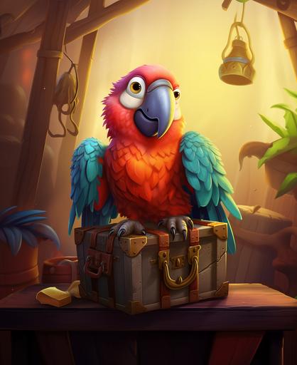 Kids illustration, cute Pirate's parrot sitting on a treasure chest, cartoon style, thick lines, low detail, vivid color --ar 9:11