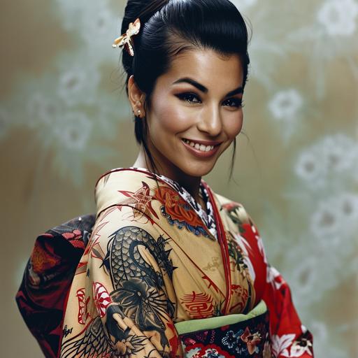 Kim Kardashian. as a beautiful 20 year old goth/punk rock Japanese model. correct facial features. tanned, bodybuilder physique, smiling, happy, Yakuza-style tattoo sleeve on arm. wearing a mix of traditional Japanese kimono kawaii style clothes and 2000's goth/punk rock clothing. early 2000's Myspace photo, 8k, award - winning photography, ultra - photorealistic. photograph, detailed, Modern, Portrait, full body shot, candid. ACTORS: person, CAMERA MODEL: Canon EOS R5, --v 6.0