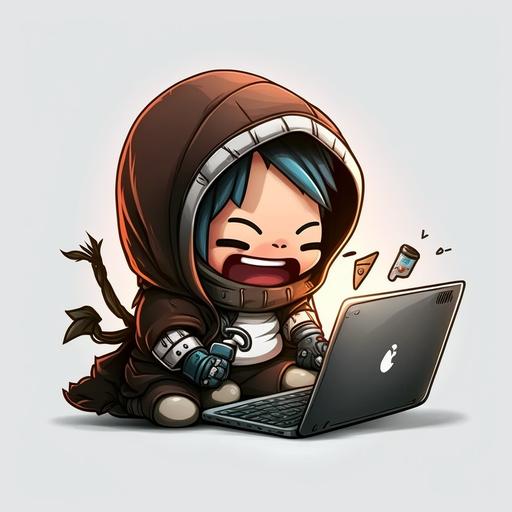 Korean warrior cartoon character with keyboard in hoodie, laughing, twitter profile picture design
