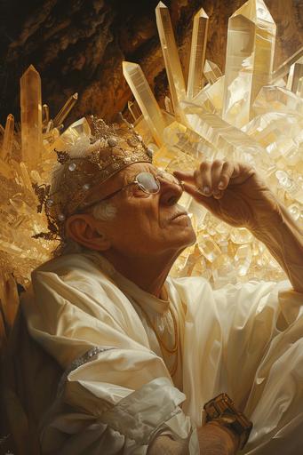 King of the giant crystal cave: man in white robe wearing glasses and a crown, in the style of baroque-inspired figurative works, hyper-realistic sci-fi, elaborate gilding, trompe-l'œil illusionistic detail, chicano art, figura serpentinata, hard edge painting --ar 2:3 --v 6.0