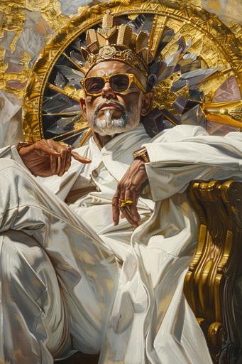 King of the giant crystal cave: man in white robe wearing glasses and a crown, in the style of baroque-inspired figurative works, hyper-realistic sci-fi, elaborate gilding, trompe-l'œil illusionistic detail, chicano art, figura serpentinata, hard edge painting --ar 2:3 --v 6.0