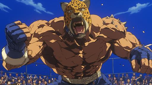 King the wrestler with a jaguar head mask in a dvd screen grab from the anime movie Tekken filmed in 1994 animated by Namco, drawn by Kentaro Miura. --niji 6 --ar 16:9 --no closeup, zoom, text, words, writing, captions, titles