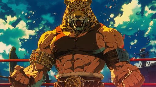 King the wrestler with a jaguar head mask in a dvd screen grab from the anime movie Tekken filmed in 1994 animated by Namco, drawn by Kentaro Miura. --niji 6 --ar 16:9 --no closeup, zoom, text, words, writing, captions, titles