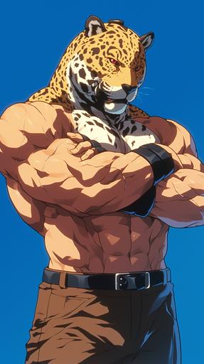 King the wrestler with a jaguar head mask in a dvd screen grab from the anime movie Tekken filmed in 1994 animated by Namco, drawn by Kentaro Miura. --niji 6 --ar 9:16 --no closeup, zoom, text, words, writing, captions, titles