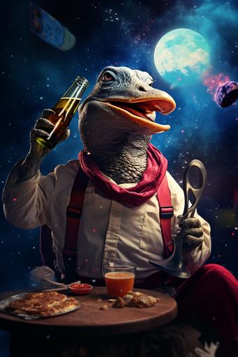 flying duck in space drinking coctails and reading a comic book red shoes pizza plastic dinosaur fighting harry potter --ar 2:3 --v 5.2