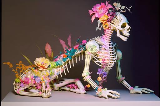 plastic human skeleton made of pastel colored flowers, anatomy, pink skull five cokrouch flying, a greyhound, plastic flowers interstate garden, a train, a toy robot, cut from Katsuhito Ishii 