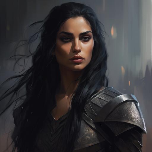 Knight Woman, Dark elf, purplish skin, red eyes, black hair in a tight ponytail, arab face structure, pointy ears, serious look, scars