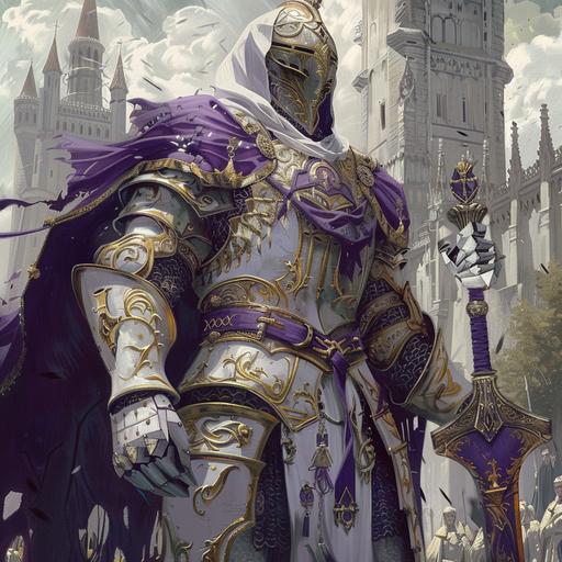 Knight wearing white and pruple and gold armor. Anime realistic art style. Gothic heavy armor. Castle in the background. Detailed armor. --v 6.0