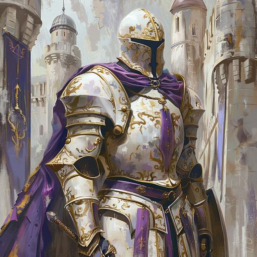 Knight wearing white and pruple and gold armor. Anime realistic art style. Gothic heavy armor. Castle in the background. Detailed armor.