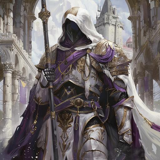 Knight wearing white and pruple and gold armor. Anime realistic art style. Gothic heavy armor. Castle in the background. Detailed armor. holding a spear. Hood over the helmet. --v 6.0