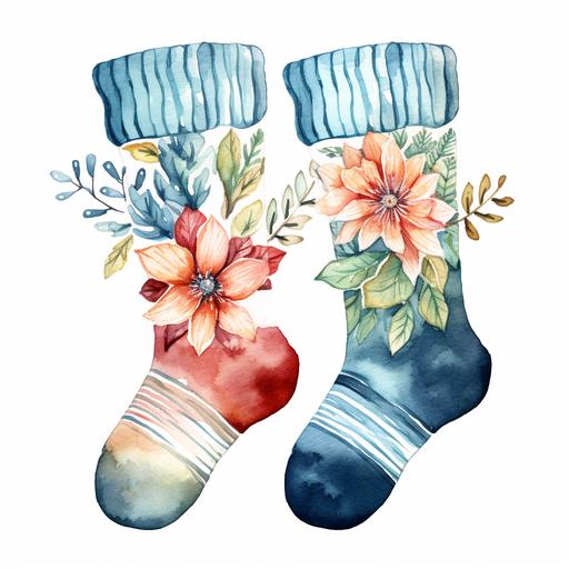 Knitted socks, knit, Christmas, Yarn, knitting needle, white background, clipart, watercolour, snow, winter, gift, nice, cute, flower