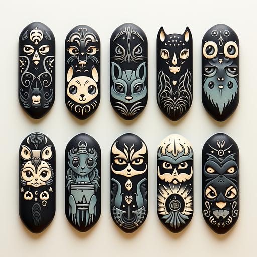 Knolling Halloween Cartoon Coffin Decorations:: 2D black and white, Thick lines --no color --v 5.2 --s 750 --style raw