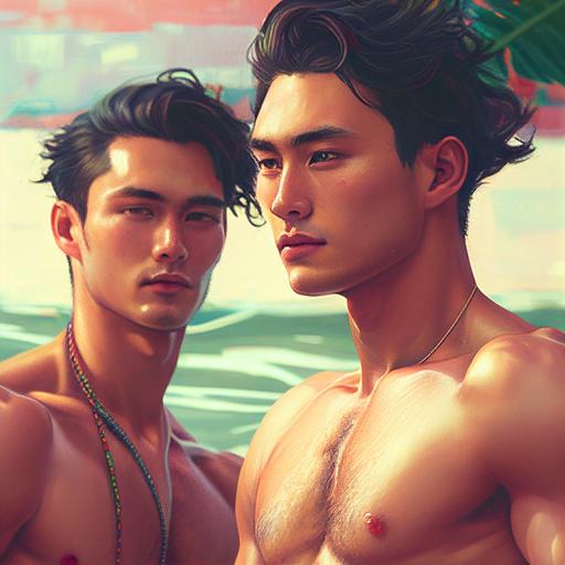 high resolution, hyper details, young Asian hunk gay couple in Taiwan, swimsuits
