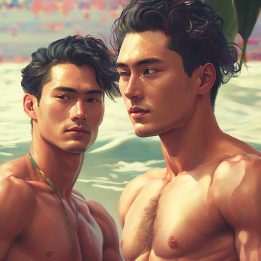 high resolution, hyper details, young Asian hunk gay couple in Taiwan, swimsuits