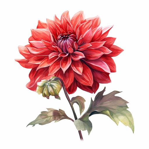 three-quarter view of immense red dahlia bloom with curving stem and leaves in a watercolor style