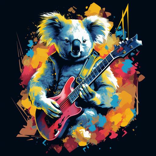 Koala wearing headphones playing electric guitar::2 Music notes, cubism, line art, monochromatic, surrealism, synthwave:: t-shirt vector, center composition graphic design, plain background::2 mockup::-2 --upbeta --ar 1:1