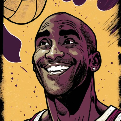 Kobe Bryant portrait illustrated in the Archie comic book style, purple background, smiling, with a basketball spinning on his finger