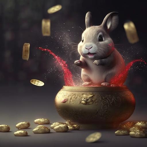 hyperrealistic 3d render of a cute happy water rabbit for chinese newyear, with red envolopes with gold coins and fireworks in background