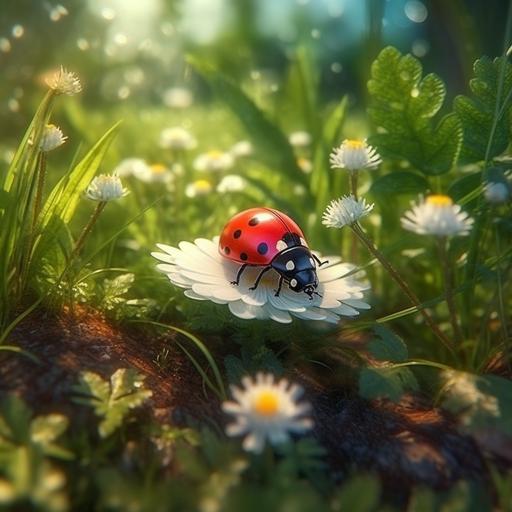 a bright cute beetle sits on a red strawberry in the grass in a magical forest, sunny day. There are many white daisies around. Cute realistic illustration for little kids, hyperrealism, cinematic light