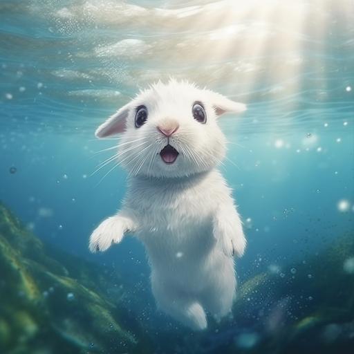 little cute white rabbit swims in the sea. Cute realistic illustration for little kids, hyperrealism, cinematic light