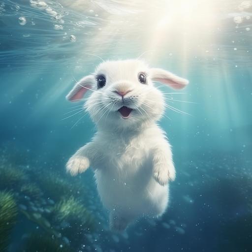 little cute white rabbit swims in the sea. Cute realistic illustration for little kids, hyperrealism, cinematic light