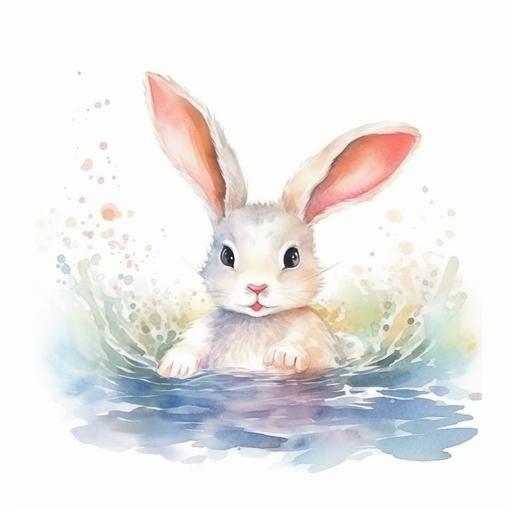 little cute white rabbit swims in the sea. Cute watercolor illustration for little kids