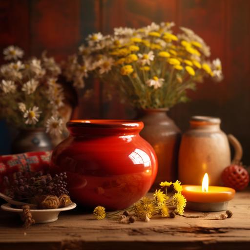 red candle on a wooden table, red chamomile berries, yellow flowers, clay pot, round buns, golden hour, cinematic light