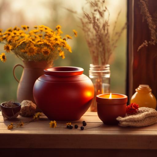 red candle on a wooden table, red chamomile berries, yellow flowers, clay pot, round buns, golden hour, cinematic light