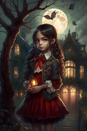 A girl with green eyes and dark hair in school uniform, red blouse, short red-black skirt standing with a gothic gold hand mirror in front of a two-story Venetian house with warm lights in windows on Halloween night with a giant cold moon and dark clouds, trees without leaves --style 4c --aspect 2:3