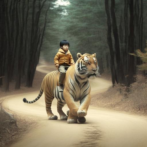 Korea, Little Boy Riding a Scary Tiger, Forest Road