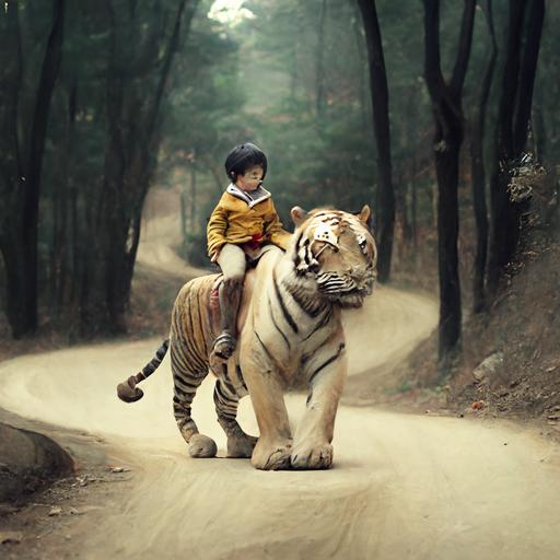 Korea, Little Boy Riding a Scary Tiger, Forest Road