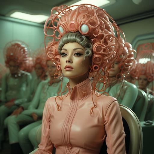 Korea haircare routine, flirtatious triskaidekaphobia alien, brain, 70s aesthetics, retro movie --s 700