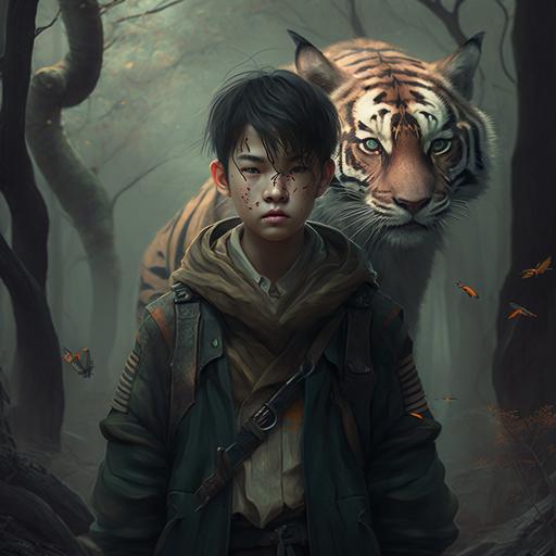 Korea, young boy, woodcutter, scary tiger, forest path