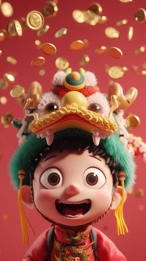 Korean animated character Zanmang Loopy, wearing a cute Chinese dragon hat, super cute, super happy, pink background, Gold coins dropped from the sky, OC render style, HDsmooth --ar 9:16 --v 6.0