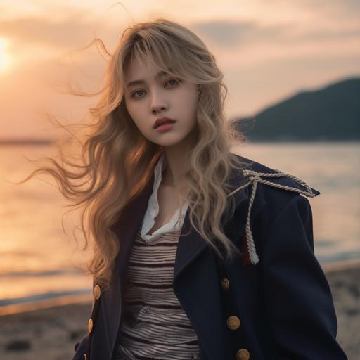 Korean girl, sailor outfit, half body, background beach, blond hair, dusk weather, delicate, cinematic, CANON R7, CANON lens 50mm