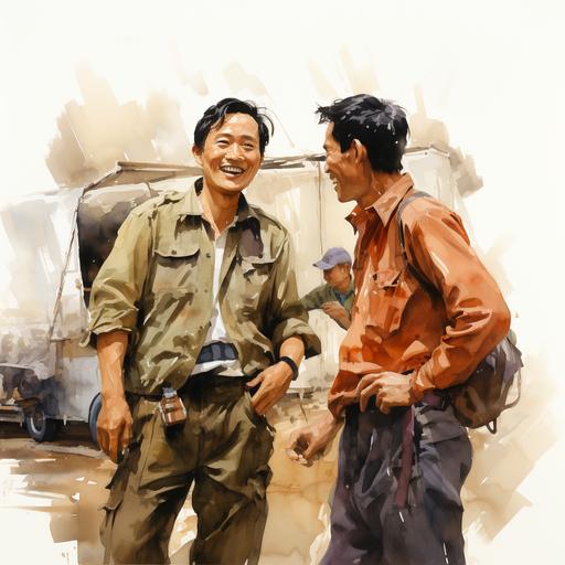 Korean laborers talking about their onwer in the 1970s, vector, illustrated, water color --s 250