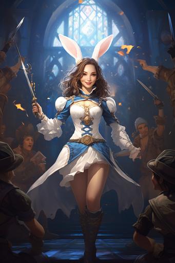 Kpop group Twice's Im Nayeon wielding a rapier, Design by Alex Broeckel & Boris Vallejo & Alan Baker, She is wearing female blue bardic clothes with feminine details, She has white bunny ears & paws and feet, smiling showing her bunny teeth , strong elegant and beautiful pose, fantasy tavern background --ar 2:3