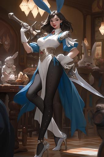Kpop group Twice's Im Nayeon wielding a rapier, Design by Alex Broeckel & Boris Vallejo & Alan Baker, She is wearing female blue bardic clothes with feminine details, She has white bunny ears & paws and feet, smiling showing her bunny teeth , strong elegant and beautiful pose, fantasy tavern background --ar 2:3 --niji 5 --style expressive