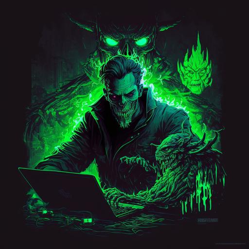 dark adventure, fight, hacker, cyber, security, laptop, king, magic, neon, illustrator, anime, demon, lucifer, hell, green, death, cinematic, monster