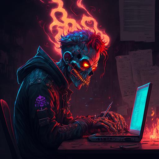 hacker, cyber, security, laptop, magic, neon, illustrator, anime, demon, fire, zombie