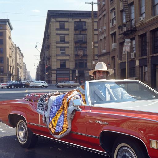Kramer driving a red convertible 1968 Cadillac Eldorado through Harlem --cref  --cw 100 --s 50 --v 6.0 --style raw