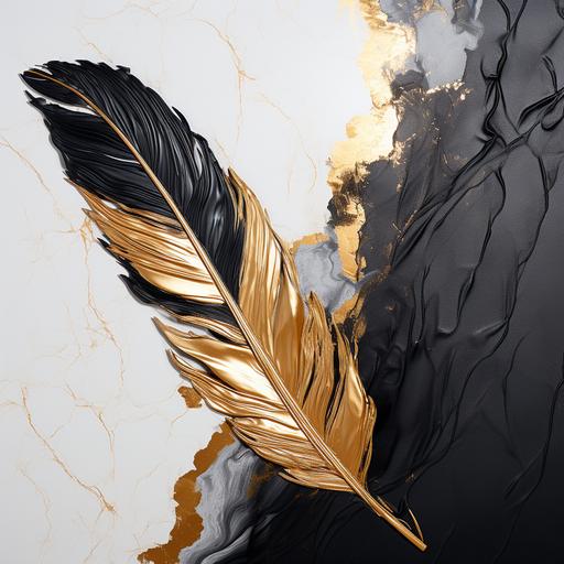 Realitic feather with black and gold melting with a marble background