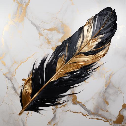 Realitic feather with black and gold melting with a marble background