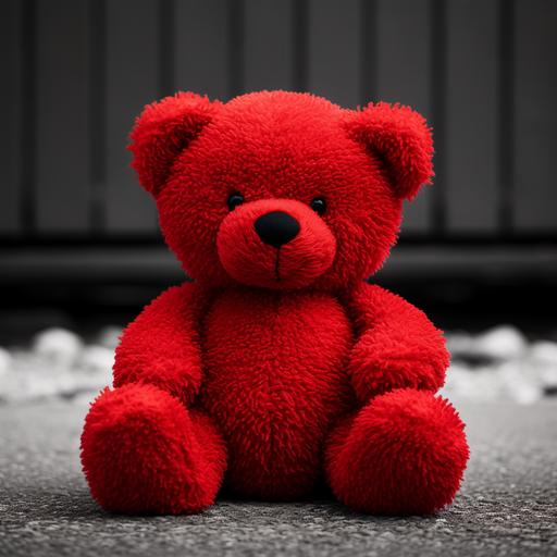 a red teddy bear, black and white background