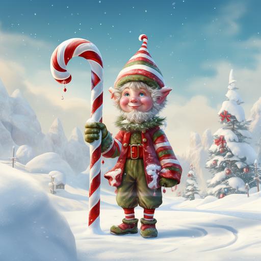 image of an elf holding a large tall candy cane, standing on snow