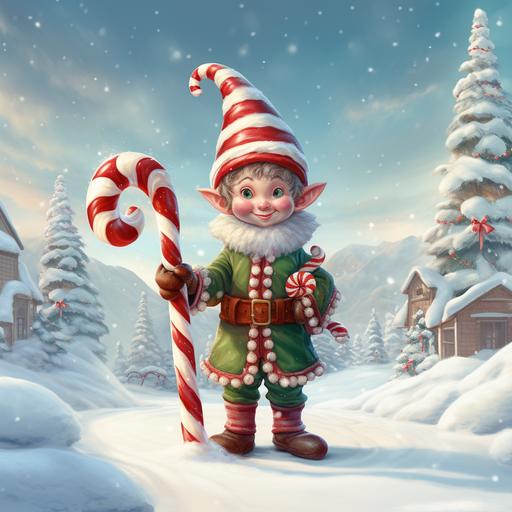 image of an elf holding a large tall candy cane, standing on snow